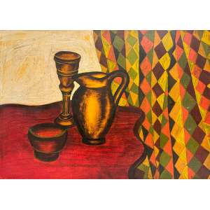 <b>FARNESE DE ANDRADE - Natureza Morta</b><br><br>guache s/ papel colado em chapa de madeira industrializada, ass. e dat. 1984 inf. dir. - 49 x 69 cm