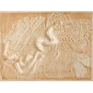 <b>KRAJCBERG, Frans - Sem Título</b><br>gravura em relevo moldada em papel gessado s/ casca de árvore, ass. e dat. 1968 inf. dir. e com a indicação E.A. inf. esq. - (década de 1960)<br>55 x 75 cm