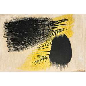 <b>HANS HARTUNG - Composição</b><br>xilogravura em cores impressa s/ papel, ass., dat. 1969 inf. dir. e com etiqueta “bois gravé d’après la peinture sur carton P 97 50 x 73 cm 1961 - de Hans Hartung” colada no verso<br>22 x 32 cm
