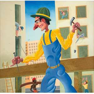 <b>ROBERTO MAGALHÃES - Homenagem ao Trabalhador</b><br>óleo s/ tela, ass., dat. 1992 e tit. inf. esq.<br>100 x 100 cm