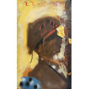 <b>JULIO POMAR - Kuarup</b><br>óleo, tinta spray e colagem de folhas de vegetação local s/ madeira, dat. 22/08/88 na parte sup. e com diversas inscrições no verso - Reproduzido na p. ... do v. 3 do catalogue raisonné do artista<br>80 x 50 cm