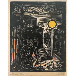 <b>GOELDI, Oswaldo - O Ladrão</b><br>xilogravura em cores impressa s/ papel, ass. inf. dir., tit. e n. 379/400 inf. esq. - (década de 1950) - Um exemplar reproduzido na p. 28 do livro Oswaldo Goeldi (Rio de Janeiro: Pactual-Instituto Cultural The Axis, 2002), na p. 89 do livro Goeldi (São Paulo: Cosac Naify, 1999), de Rodrigo Naves, e na p. 45 do livro Oswaldo Goeldi – um autorretrato, de Noemi Silva Ribeiro, publicação da exposição comemorativa do centenário do nascimento do artista (1895 – 1961), Centro Cultural Banco do Brasil, 26 de julho a 1º de outubro de 1995 - Acompanha o livro Goeldi (com o n. 23 no colofon) de Aníbal Machado, impresso em 1955 pelo Serviço de Documentação – Ministério da Educação e Cultura, Rio de Janeiro, Brasil, da coleção Artistas Brasileiros, dirigida por José Simeão Leal<br>MI 21,5 x 17,5 cm / ME 25 x 20 cm