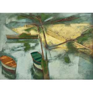 <b>SCLIAR, Carlos - Marinha com Três Barcos</b><br>vinil e colagem encerados s/ tela, ass., dat. 1982 inf. dir., ass., dat. 28/10/1982, tit., sit. Cabo Frio e com numeração do artista 454/CF/82 no verso<br>55 x 75 cm