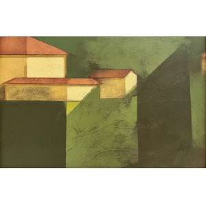 <b>SCLIAR, Carlos - Paisagem XXVIII</b><br>vinil e colagem encerados s/ tela, ass., dat. 1982 inf. dir., ass., dat. 02/04/1982, tit., sit. Ouro Preto e com numeração do artista 47/OP/82 no verso<br>37 x 56 cm