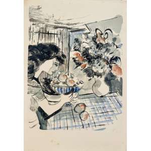 <b>CARLOS LEÃO - Mulher e Vaso de Flores</b><br>gravura em cores em metal impressa s/ papel, s/ ass.<br>MI 40 x 30 cm / ME 48 x 33 cm