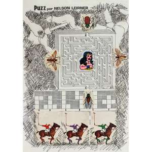 <b>NELSON LEIRNER - PUZZ</b><br>técnica mista (esferográfica e colagem) s/ papel, ass., dat. 1985 na parte central e tit. na parte superior<br>31,5 x 22 cm