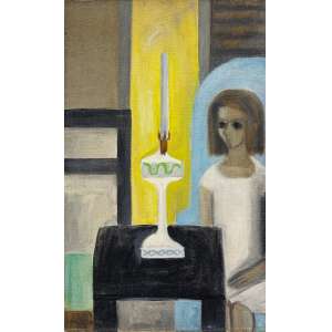 <b>IONE SALDANHA - Interior</b><br>óleo s/ tela, ass. inf. esq. e com vestígios de carimbo no verso - (década de 1940)<br>73,5 x 46 cm