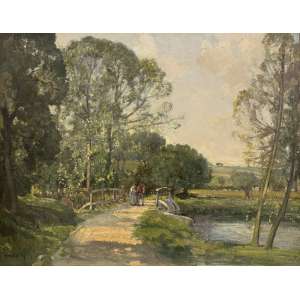 <strong>SIR ALFRED EAST - Lambourn Bridge</strong><br><br>óleo s/ tela, ass. inf. esq. e com etiqueta de exposição de verão realizada na The New Gallery em 1906 no verso<br>71 x 92 cm