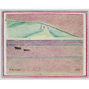 <strong>RONALDO MIRANDA - Paisagem com Barco</strong><br><br>lápis de cor s/ papel, ass. inf. esq., dat. 1979 inf. dir., ass. e dat. 1979 no verso<br>9 x 11 cm