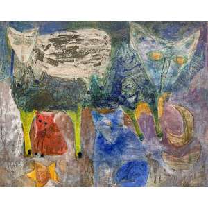 <strong>BETTY KING - Animal Protegendo Dois Espíritos</strong><br><br>guache e acrílica s/ cartão colado em chapa de madeira industrializada, ass. inf. esq. e com etiqueta da 1ª Bienal Nacional de Artes Plásticas de Salvador (Bahia) no verso - (c. 1970) - catalogada sob o n. BR 3269 da Galeria Bonino<br>75 x 93 cm