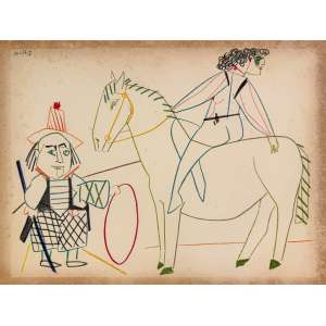 <strong>PICASSO, Pablo - Da série La Comédie Humaine</strong><br><br>litografia em cores impressa s/ papel, s/ ass. e dat. 30.I.54 II sup. esq. da chapa - impressa pelo studio Atelier Mourlot em Paris sob direção do artista numa edição limitada a 1.500 exemplares, com novos blocos preparados artesanalmente para cada cor aplicada aos desenhos - publicada pela editora Tériade<br>MI 24 x 32,5 cm / ME 27 x 35,5 cm