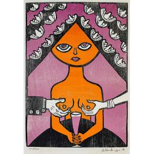 <strong>ANTÔNIO HENRIQUE AMARAL - Madona – do álbum “O meu e o seu - impressões do nosso tempo”</strong><br><br>xilogravura em cores impressa s/ papel, ass., dat. 1967 inf. dir., n. 258/300 inf. esq. - catalogado na Galeria Bonino sob o n. BR 5255<br>MI 43 x 30,5 cm / ME 54,5 x 37 cm