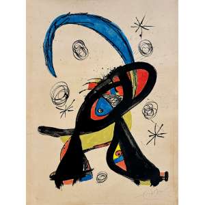 <strong>MIRÓ, Joan - Bon Cop...de Lluna</strong><br><br>litografia em cores impressa s/ papel, ass. inf. dir. e n. 40/75 inf. esq. - (1979) - catalogado sob o n. BR 8008 da Galeria Bonino<br>96 x 65 cm