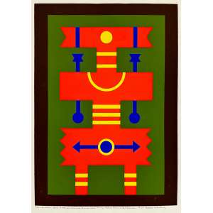 <strong>RUBEM VALENTIM - Emblema</strong><br><br>serigrafia em cores impressa s/ papel, ass., dat. 1969 inf. dir., com a indicacão “prova do artista” inf. esq. e dedicatória “para a Cobe em memória do meu caro amigo Fábio Ribeiro de Oliveira” centro inf.<br>MI 50 x 35,7 cm / ME 72 x 50 cm