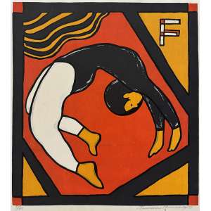 <strong>BRENNAND, Francisco - Ginasta</strong><br><br>serigrafia em cores impressa s/ papel, ass., dat. 1973 inf. dir. e n. 85/100 inf. esq.<br>MI 48 x 43,5 cm / ME 51 x 45,5 cm