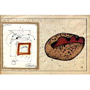<strong>BÁRRIO - Fruto</strong><br><br>aquarela, nanquim e colagem s/ papel, ass., dat. 1975, sit. Paris sup. esq. e tit. na parte inf.<br>32 x 47 cm