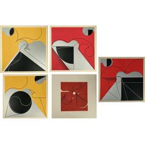 <strong>ZALUAR, Abelardo - Cinco Serigrafias, Quatro se Conjugam, ou Vivem Separadas. A Quinta se Destaca, Como Personagem Independente</strong><br><br>álbum com cinco serigrafias impressas s/ papel acondicionada entre cartolinas, todas ass. e n. 8/100 a lápis - (1969)<br>48 x 48 cm (cada)