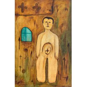 <strong>ANTÔNIO MAIA - O Homem e a Fé</strong><br><br>óleo s/ tela, ass., dat. 1965 inf. esq., ass., dat. fev/65, tit. e sit. Rio no verso <br> 81 x 54 cm