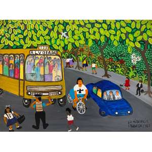<strong>LIA MITTARAKIS - Ônibus Alvorada</strong><br><br>acrílica s/ chapa de madeira industrializada, ass., dat. 1988 e sit. I. Paquetá inf. dir. <br> 55 x 73 cm