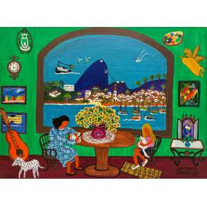<strong>LIA MITTARAKIS - Janela com Vista para o Pão de Açúcar</strong><br><br>acrílica s/ chapa de madeira industrializada, ass., dat. 1987 e sit. I. Paquetá inf. dir. <br> 55 x 73 cm