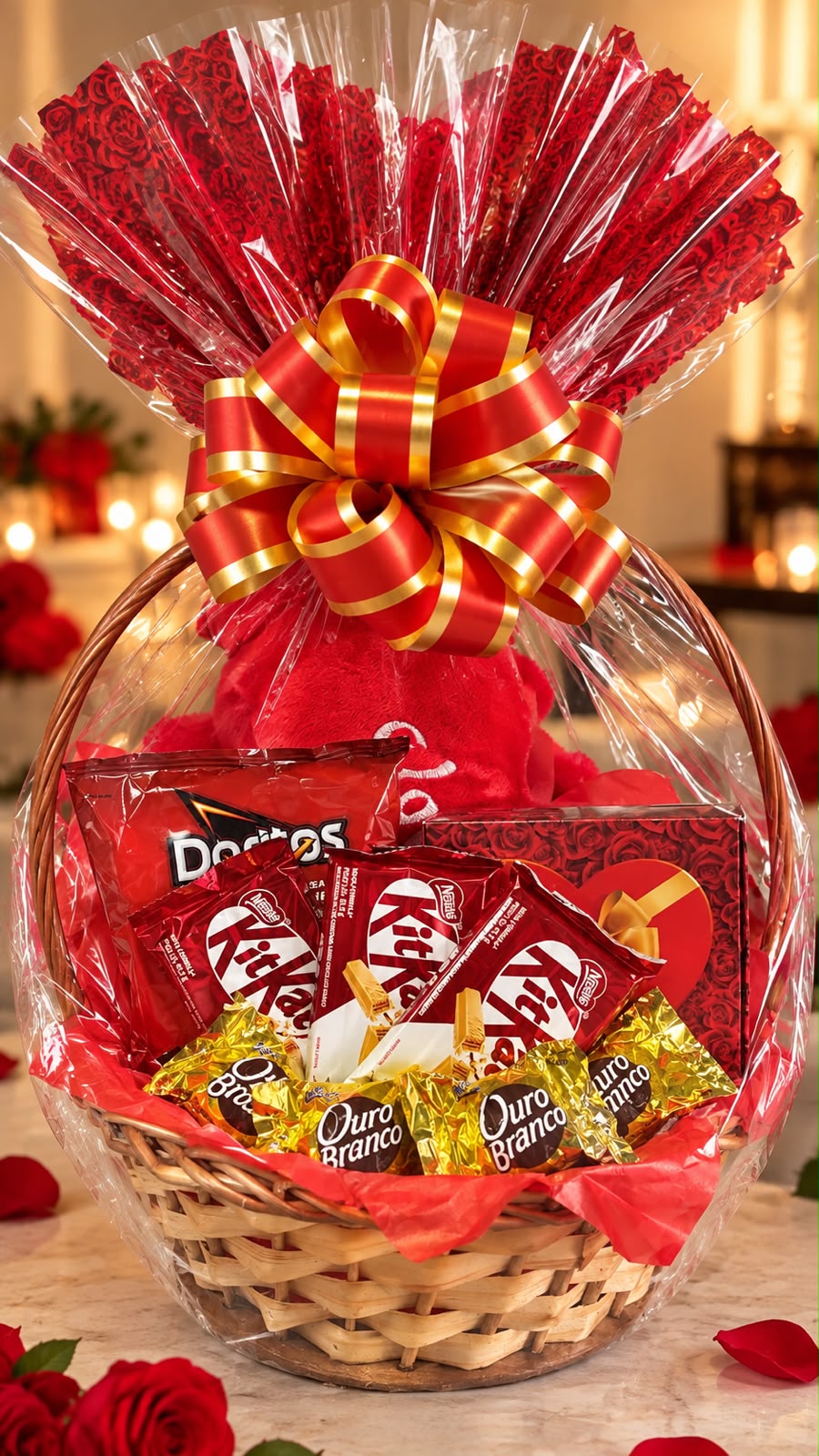 KIT CORAÇÃO DE PELUCIA G COM CHOCOLATES E COMESTÍVEIS