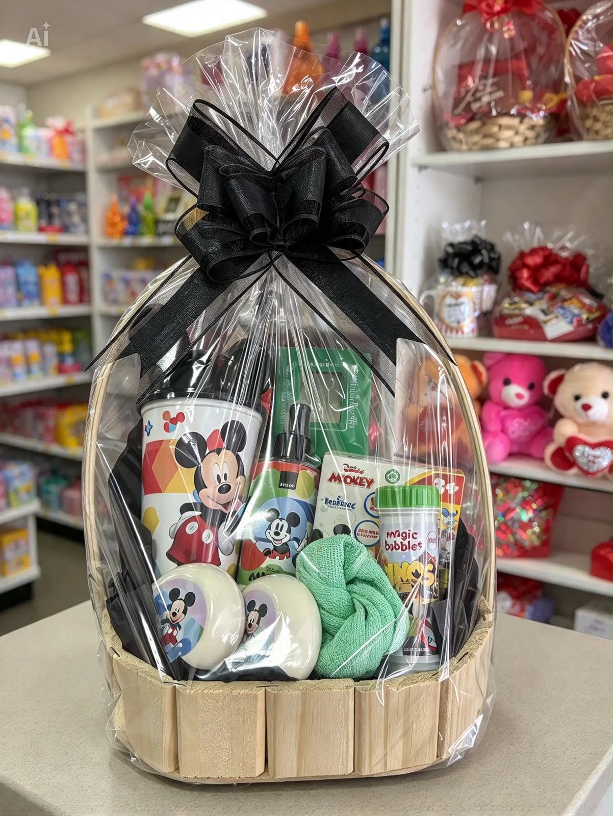 KIT MICKEY COM COPO + PERFUME, QUEBRA CABEÇA, BOLHA DE SABÃO, TOALHINHA, SABONETES E MINI GAME