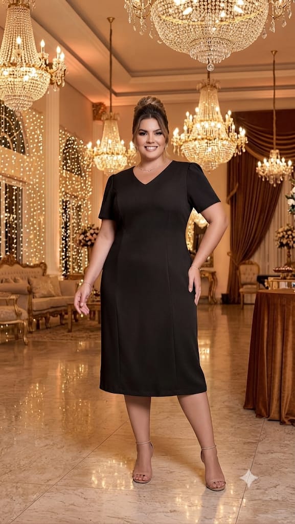 VESTIDO MIDI MAZARIN DECOTE V CREPE SCUBA PLUS