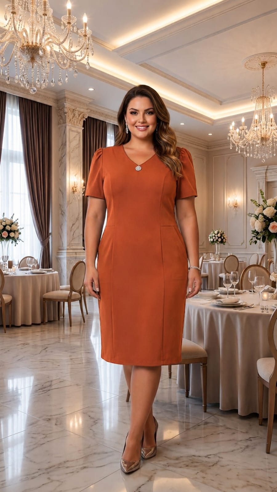 VESTIDO MAZARIN MIDI DECOTE V C/ACESSORIO FLOR PLUS