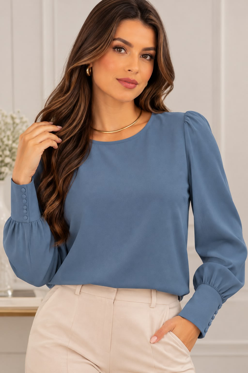 BLUSA ELLA B. MANGA L/ BOTAO NO PUNHO