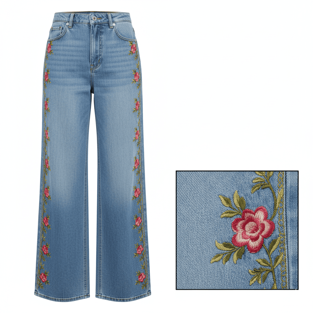 Calça Jeans Wide Leg Feminina Bordada