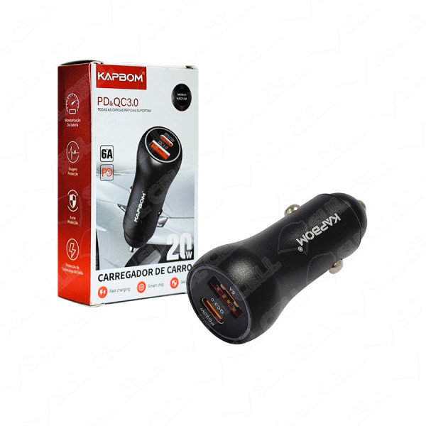 CARREGADOR VEICULAR KAPBOM  USB+PD (USB-C) 20W 6A 3.0 KA-C138