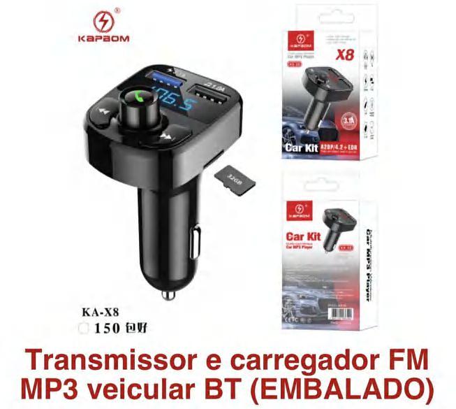 CARREGADOR VEICULAR E TRANSMISSOR FM/MP3/BT KAPBOM KA-X8