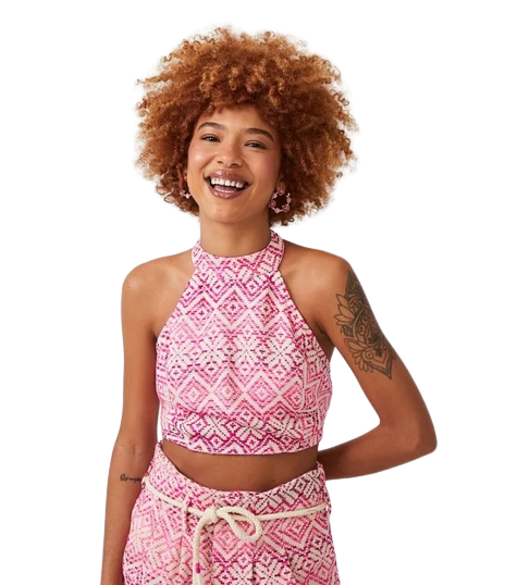 Blusa Cropped Em Algodão Texturizado Com Estampa Geométrica