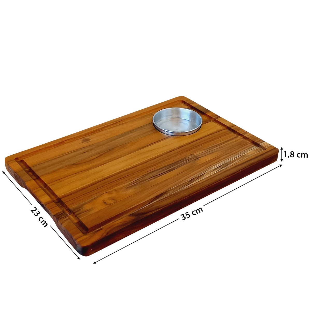 TÁBUA DE CHURRASCO COM MOLHEIRA DE ALUMINIO (35 CM X 23 CM)