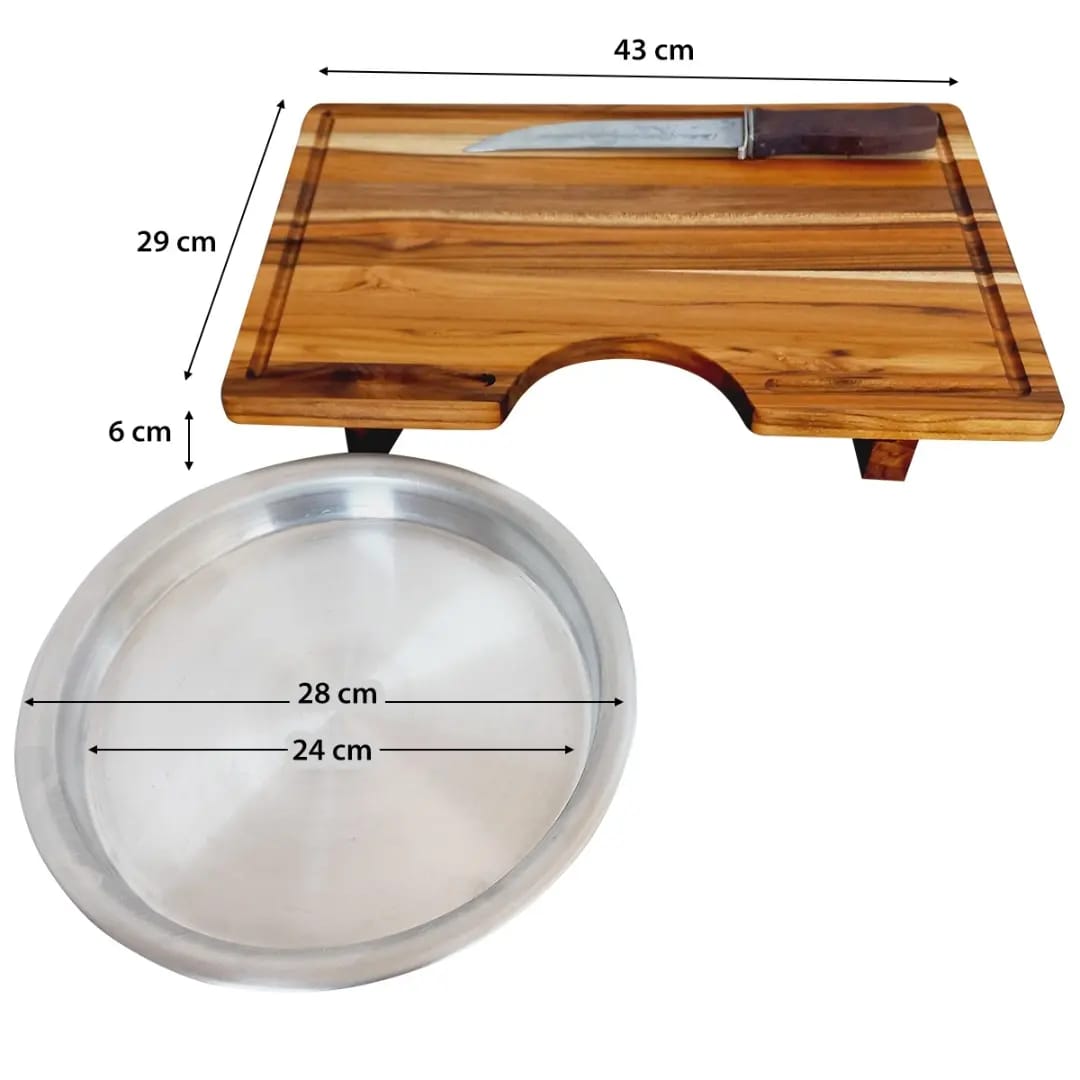 TÁBUA DE CHURRASCO COM ASSADEIRA DE ALUMINIO (43CM X 29 CM)