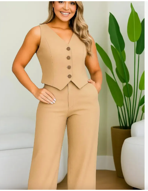 Conjunto Feminino Alfaiataria Colete E Calça Pantalona