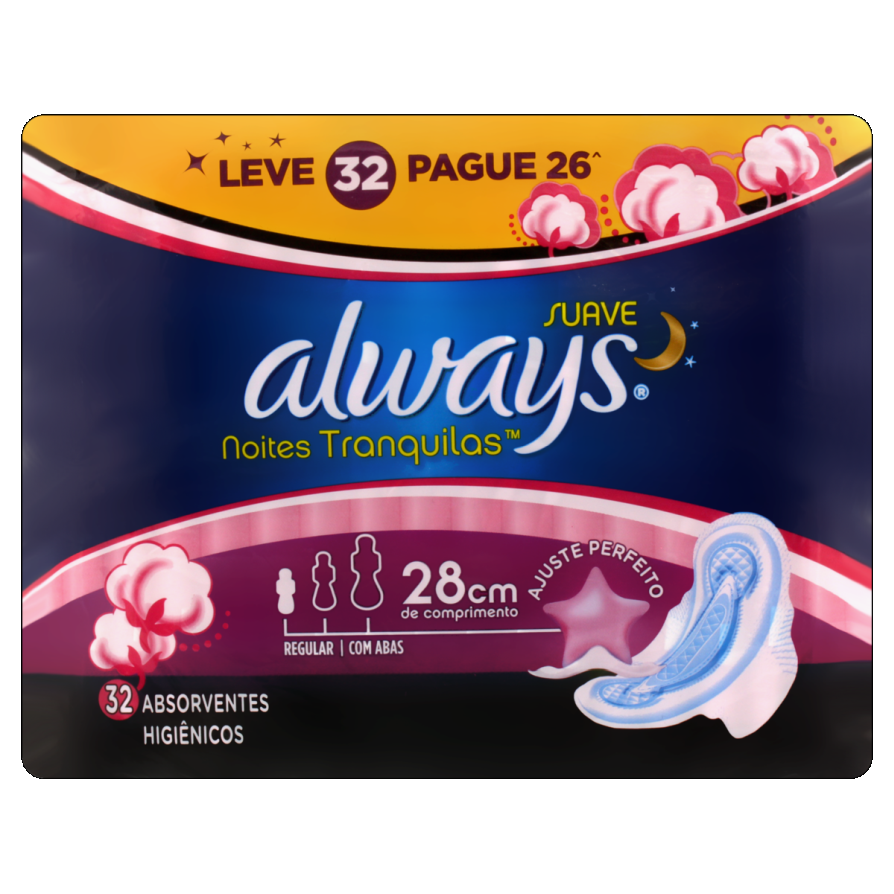 Absorvente Com Abas Suave Always Noites Tranquilas Pacote Leve 32 Pague 26 Unidades