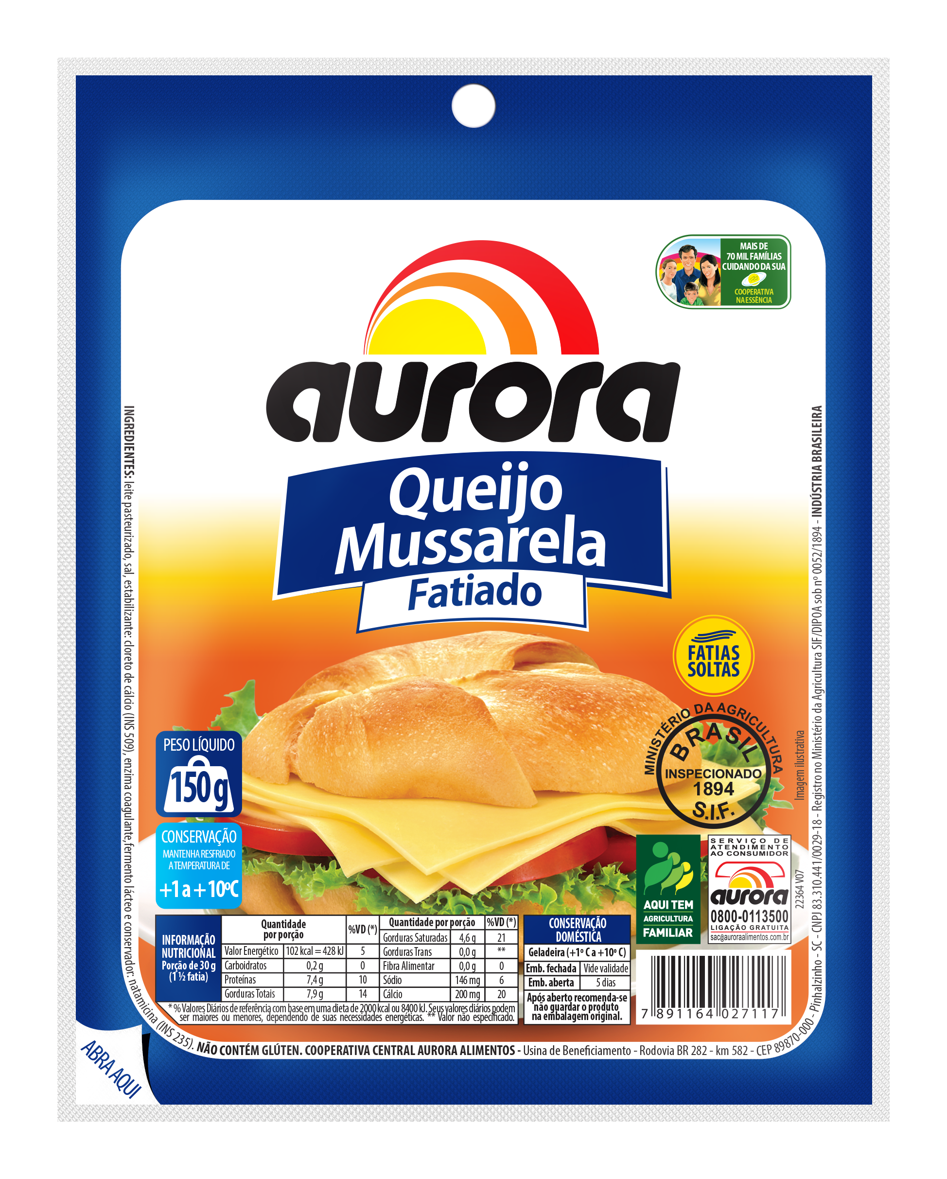 QUEIJO MUSSARELA AURORA FATIADO 150G